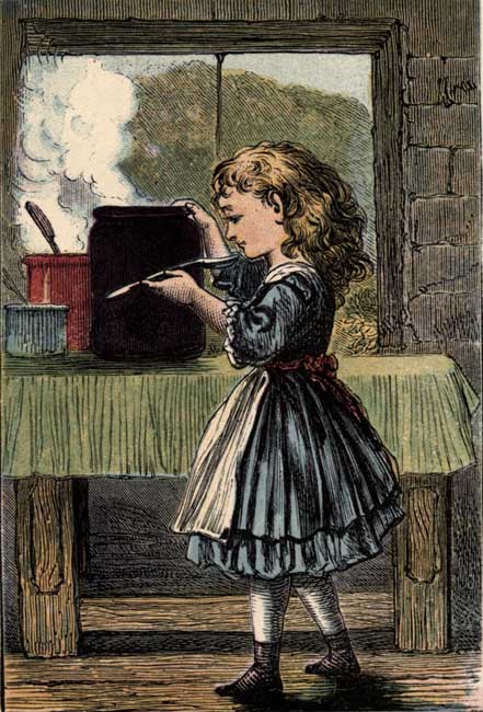 Silverlocks tastes the soup and chooses the jar set for Tiny, the little Bear.